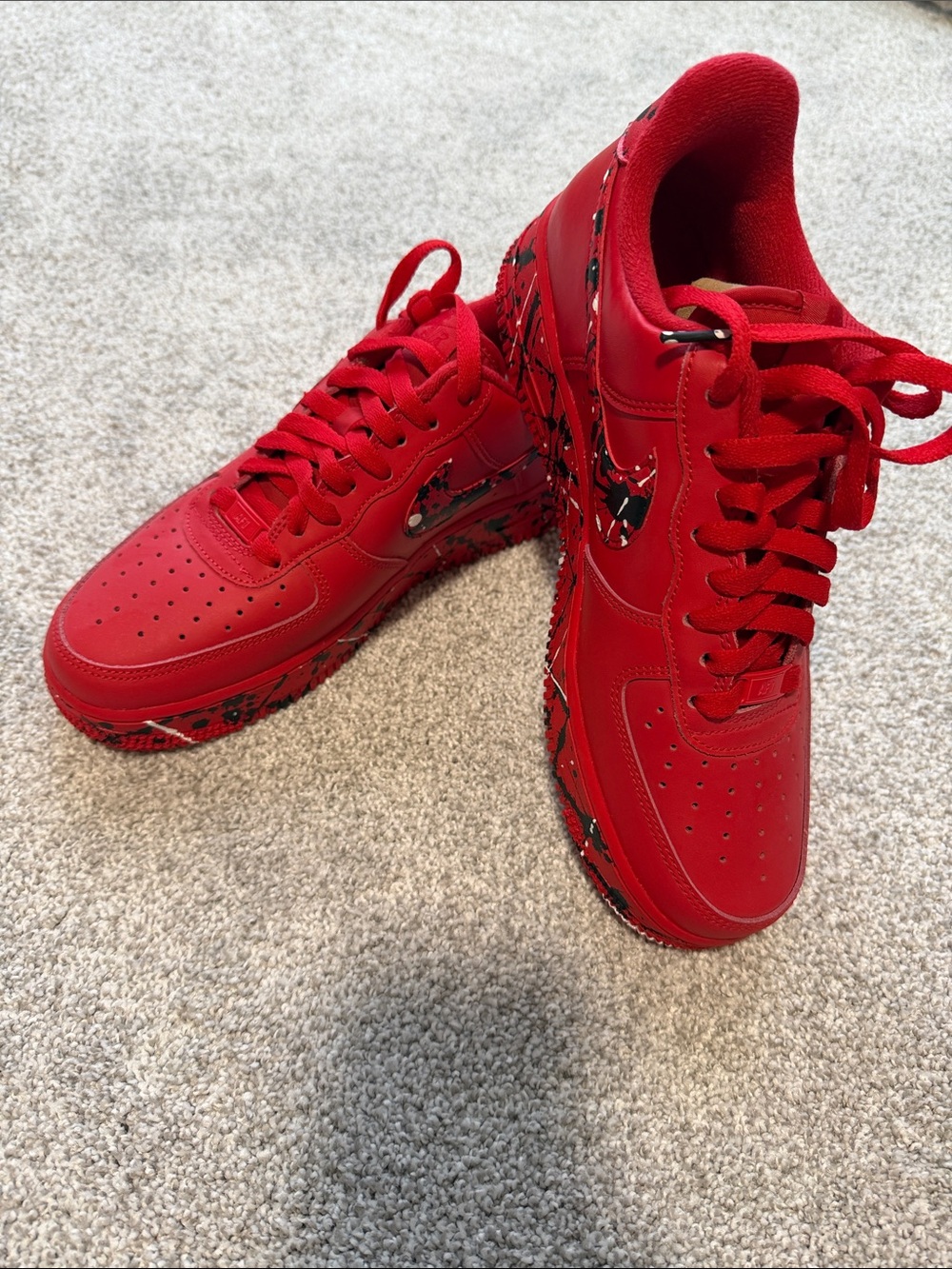 Nike Men's Red Leather Sneakers with Black & White Speckle Swoosh